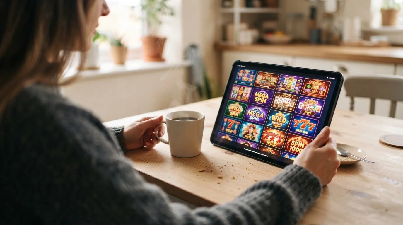 Een persoon bekijkt op een tablet een overzicht van casinospellen aan een keukentafel, met een kop koffie ernaast.