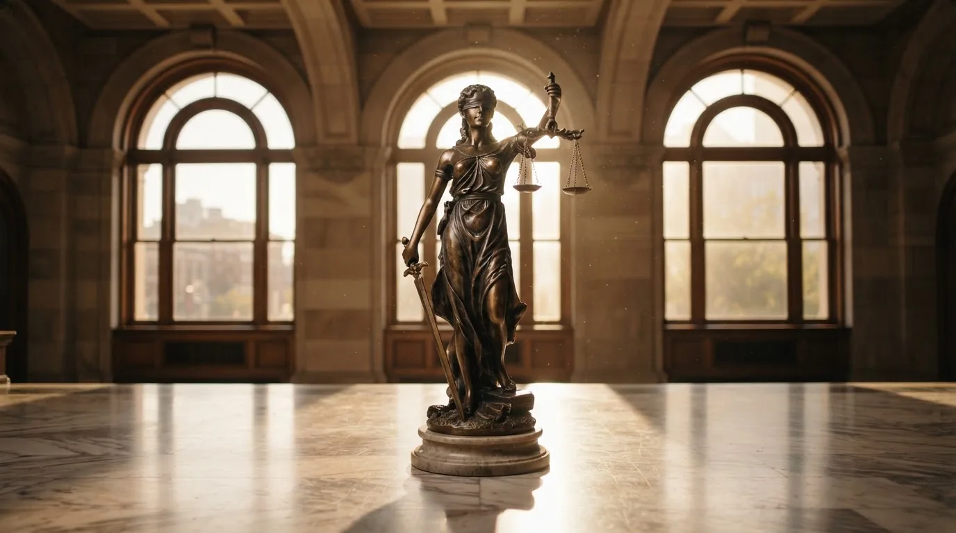 Een bronzen vrouwe Justitia met weegschaal staat voor een grote raampartij in een statig gerechtsgebouw, met zacht ochtendlicht.