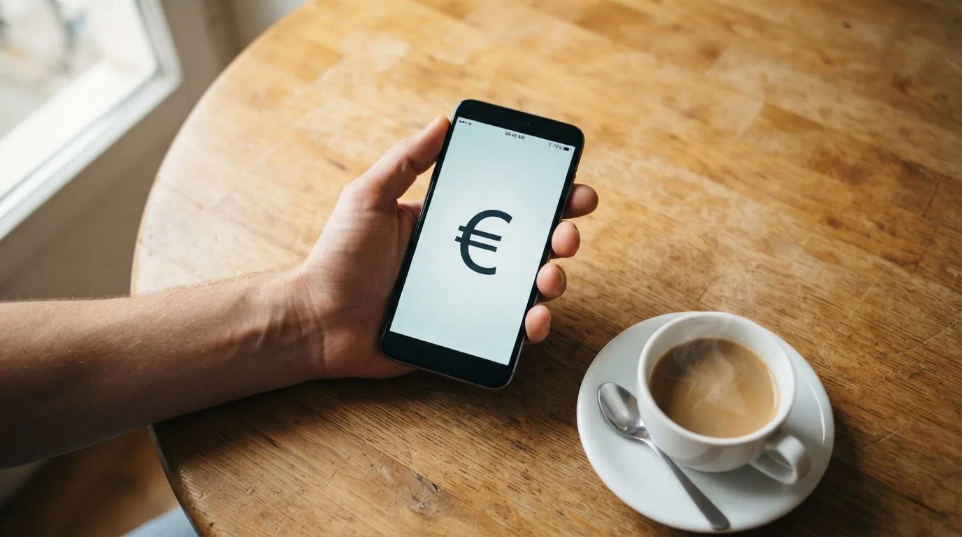 Een hand houdt een smartphone vast boven een houten tafel met een kopje koffie ernaast, in zacht daglicht.