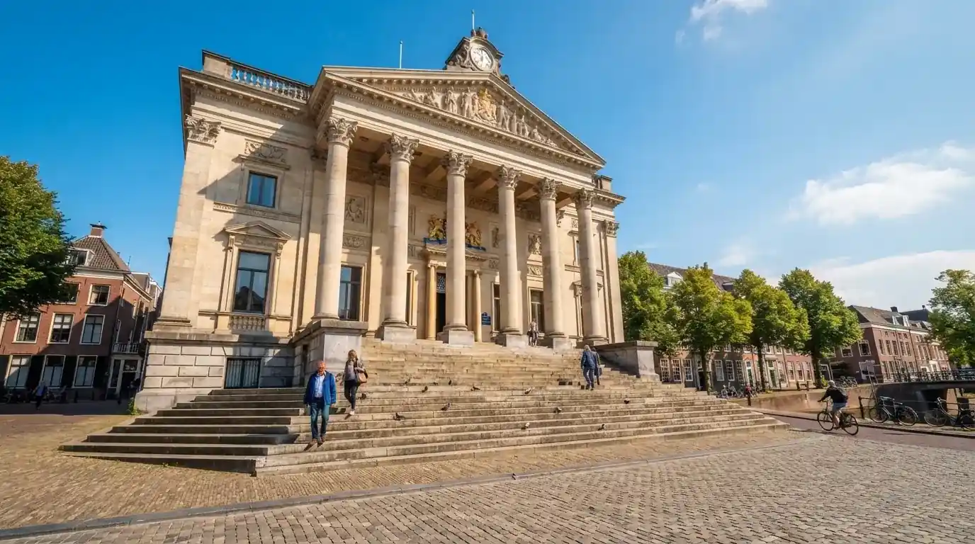 Een statig gerechtsgebouw met brede trappen en zuilen staat onder een heldere hemel in een Nederlandse stad.