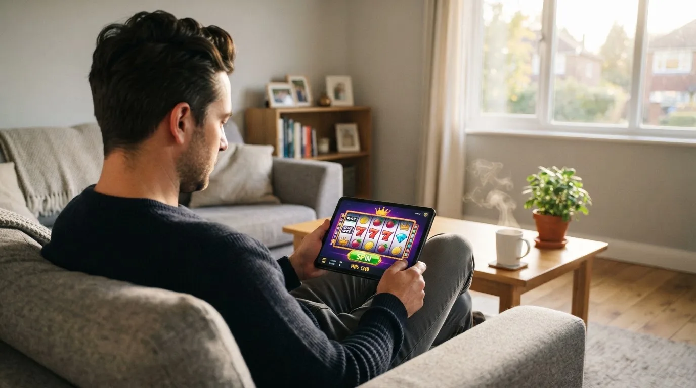 Een man bekijkt ontspannen een tablet op de bank in een lichte woonkamer met een kop koffie op de salontafel.