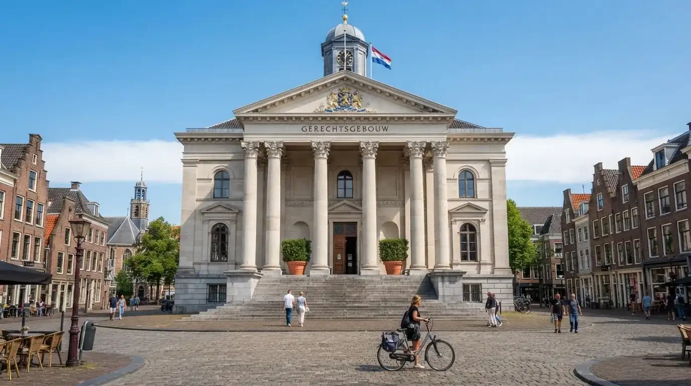 Een klassiek gerechtsgebouw met hoge zuilen staat onder een blauwe lucht in een Nederlandse binnenstad.