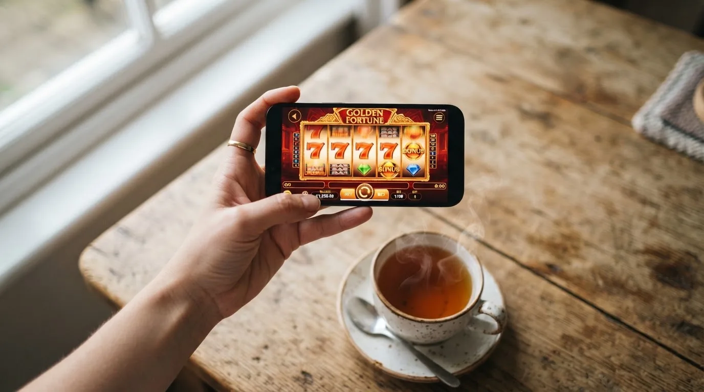 Een hand houdt een smartphone vast boven een houten tafel met een kopje thee ernaast, in zacht daglicht.