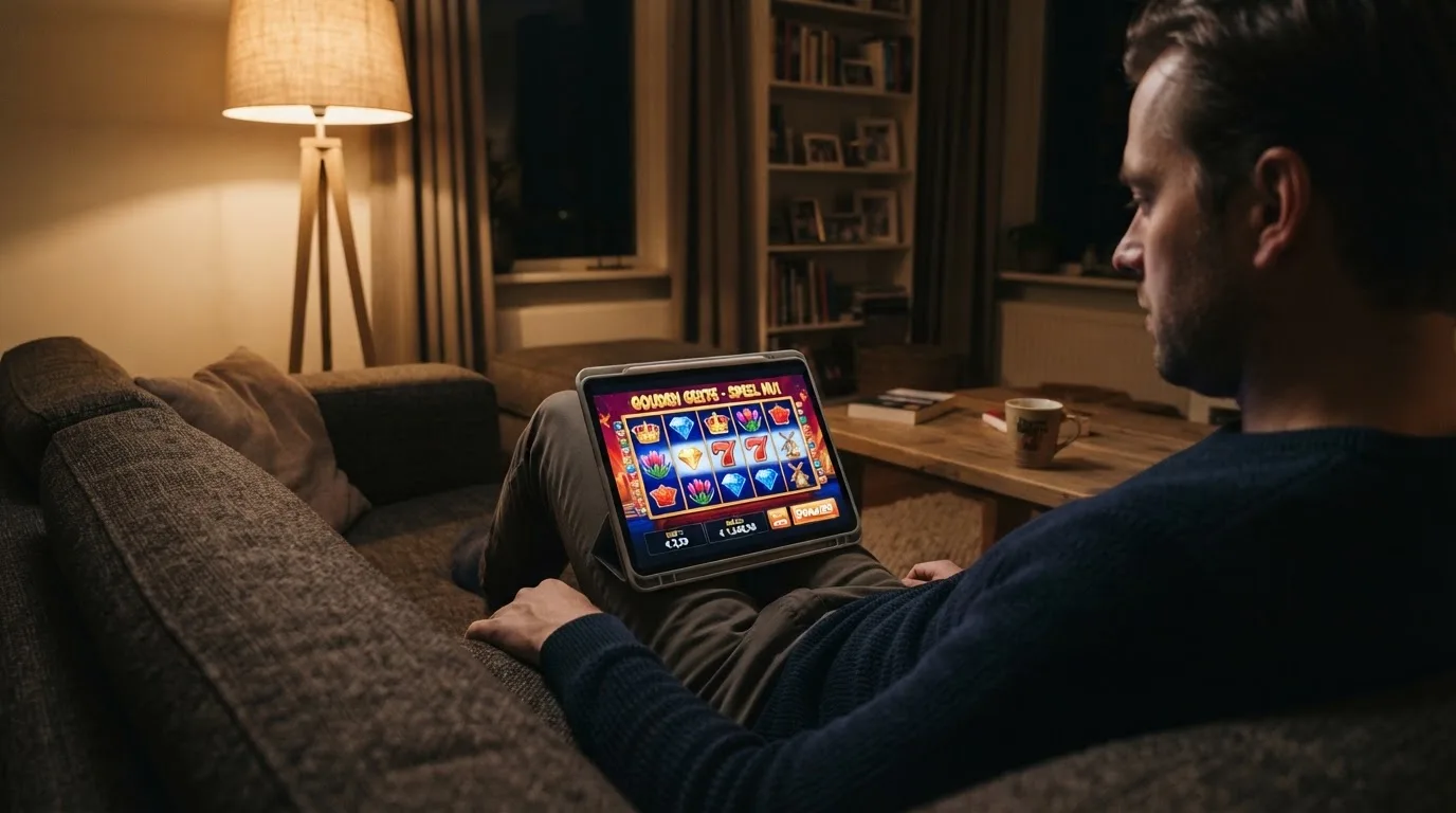 Een man bekijkt laat op de avond een tablet op de bank, verlicht door een staande lamp in een rustige woonkamer.