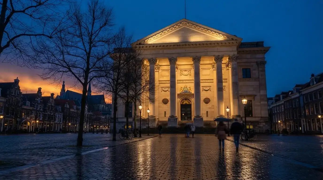 Een statig gerechtsgebouw met verlichte zuilen staat in de avondschemering in een Nederlandse stad.