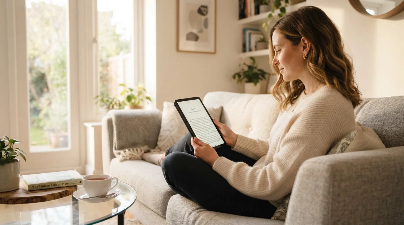 Een vrouw bekijkt ontspannen een tablet op de bank in een lichte woonkamer met een kop thee op de salontafel.