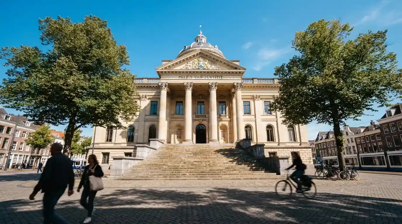 Een klassiek gerechtsgebouw met hoge zuilen staat onder een blauwe lucht in een Nederlandse binnenstad.