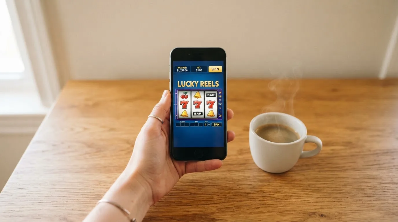 Een hand houdt een smartphone vast boven een houten tafel met een kopje koffie ernaast, in zacht daglicht.