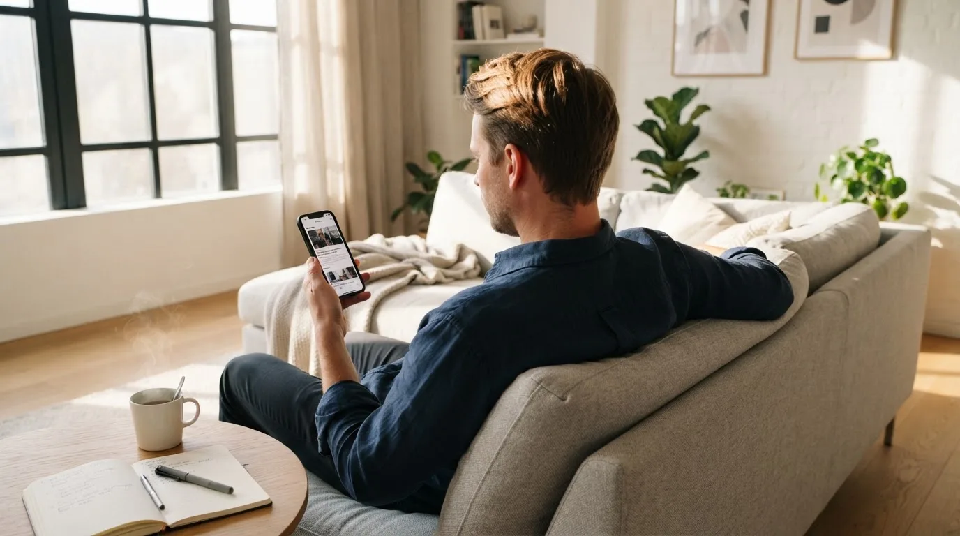 Een man bekijkt ontspannen zijn telefoon op de bank in een lichte woonkamer met een kop koffie op de salontafel.