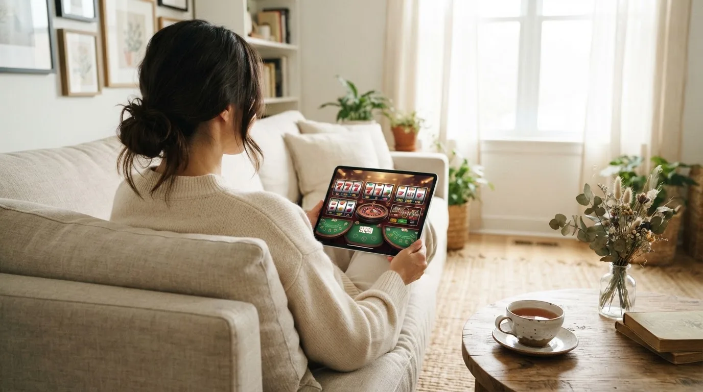 Een vrouw bekijkt ontspannen een tablet op de bank in een lichte woonkamer met een kop thee op de salontafel.