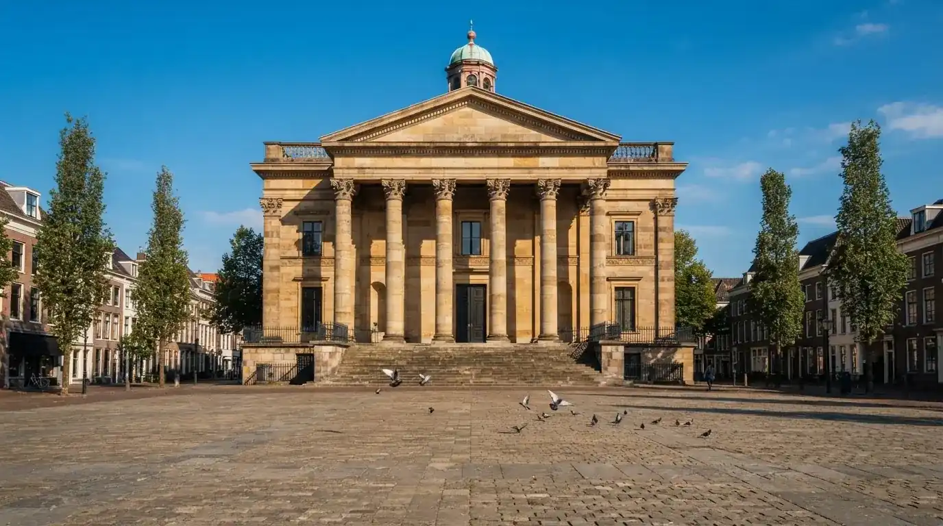 Een klassiek gerechtsgebouw met hoge zuilen staat onder een heldere hemel in een Nederlandse stad.