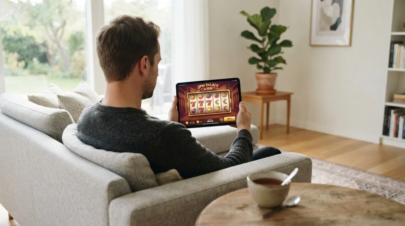 Een man bekijkt ontspannen een tablet op de bank in een lichte woonkamer met een kop thee op de salontafel.