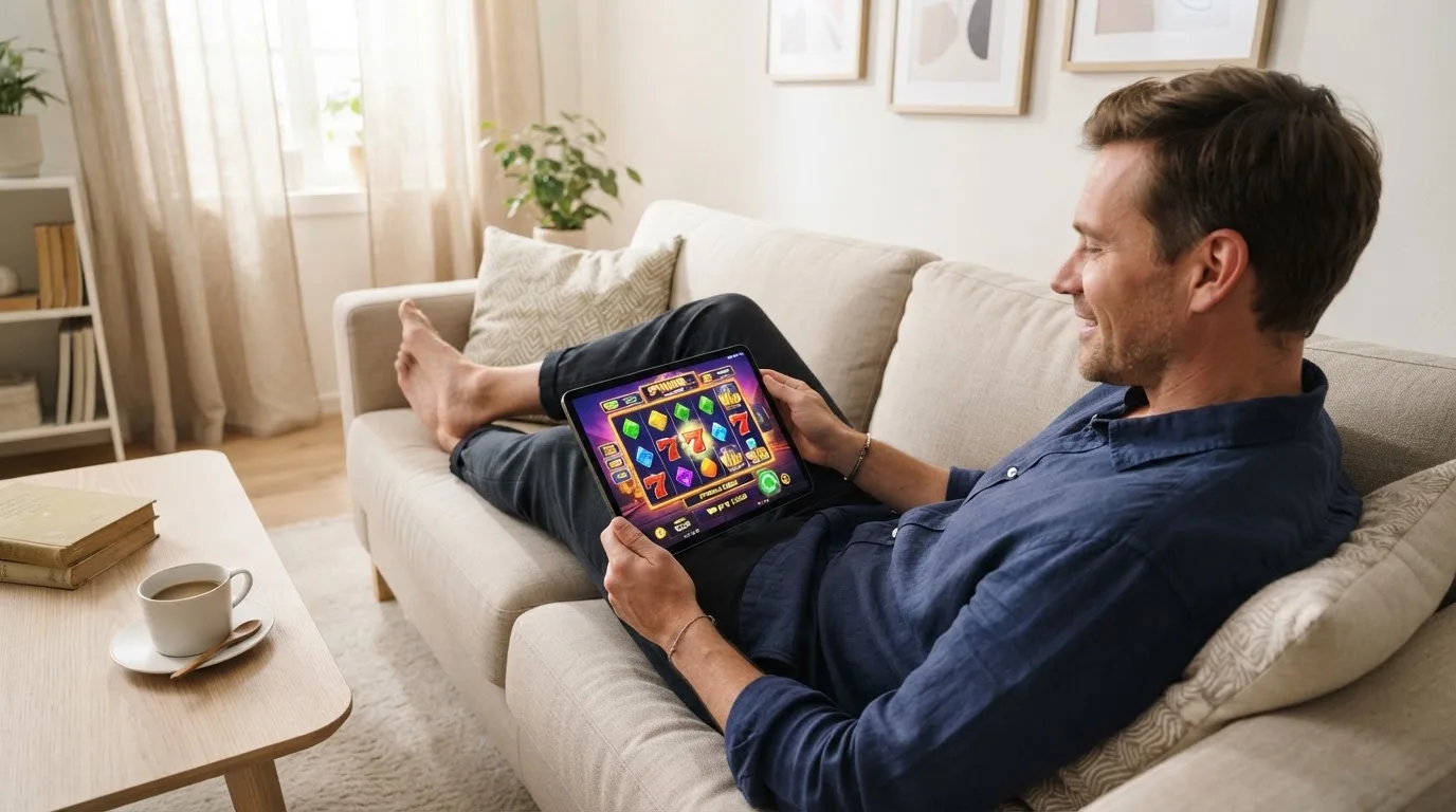 Een man bekijkt ontspannen een tablet op de bank in een lichte woonkamer met een kop koffie op de salontafel.