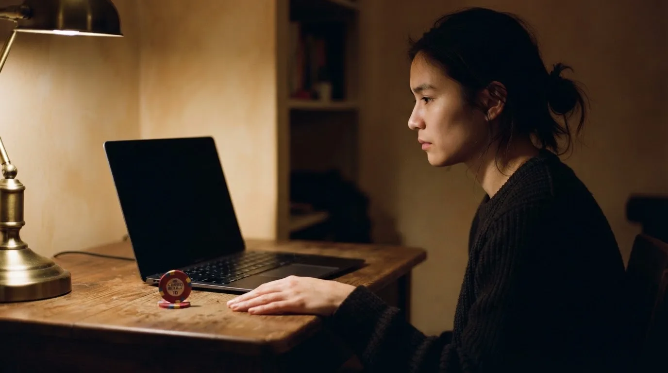 Een persoon zit alleen aan een bureau en kijkt peinzend naar een laptop met het scherm uit, in gedimd licht.