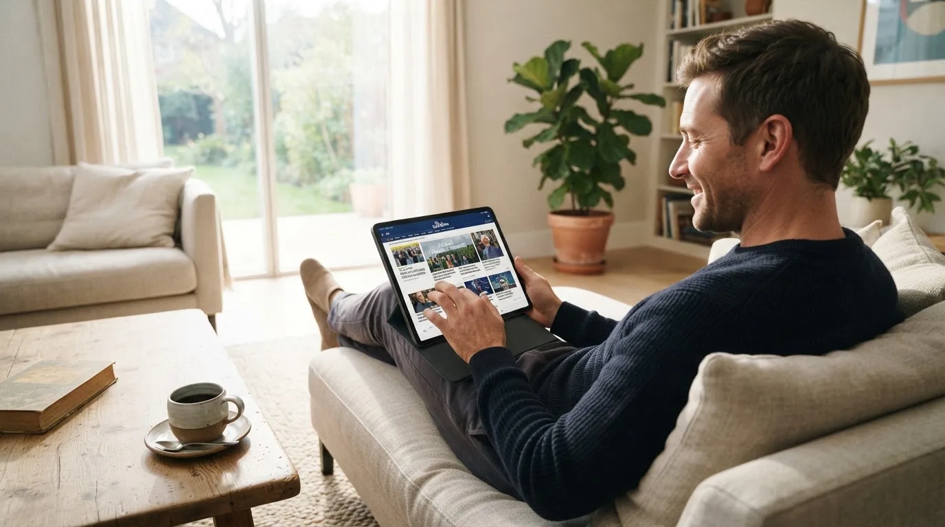 Een man bekijkt ontspannen een tablet op de bank in een lichte woonkamer met een kop koffie op de salontafel.