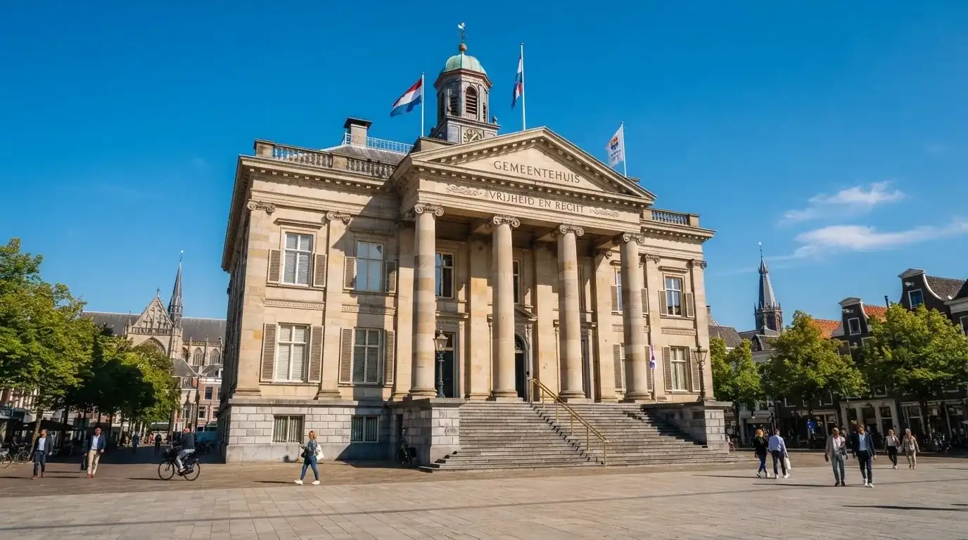 Een klassiek gerechtsgebouw met hoge zuilen staat onder een heldere hemel in een Nederlandse stad.