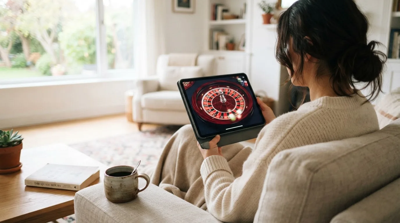 Een vrouw bekijkt ontspannen een tablet op de bank in een lichte woonkamer met een kop koffie op de salontafel.