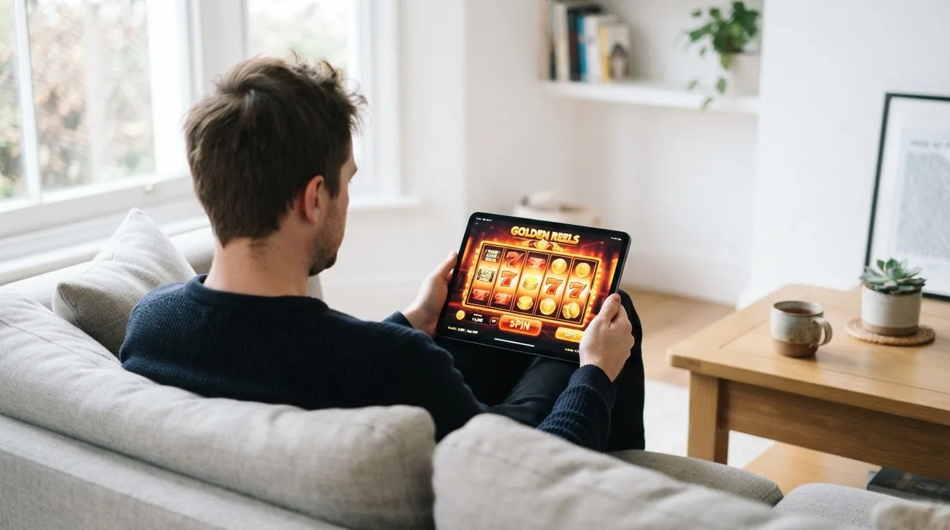 Een man bekijkt ontspannen een tablet op de bank in een lichte woonkamer met een kop thee op de salontafel.
