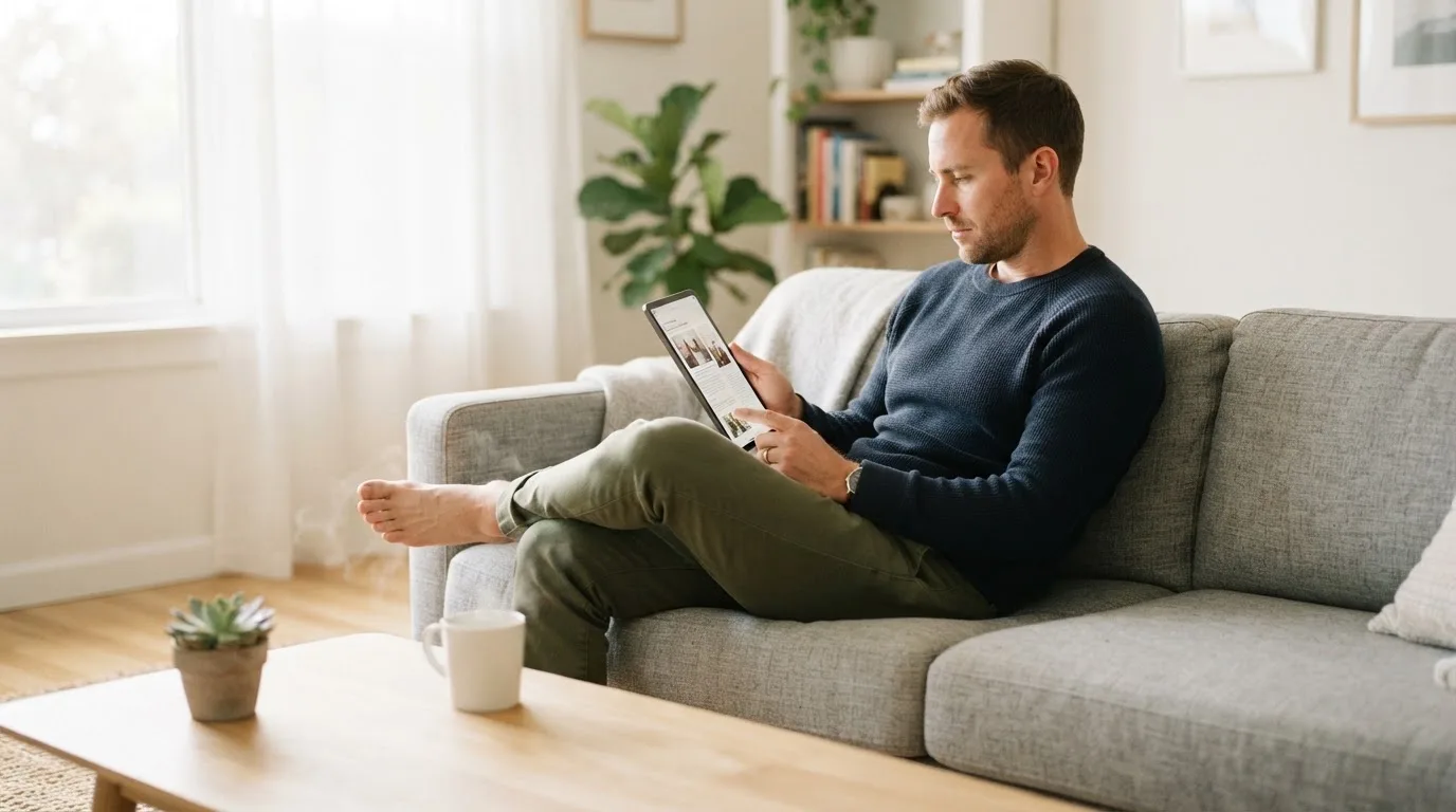 Een man bekijkt ontspannen een tablet op de bank in een lichte woonkamer met een kop koffie op de salontafel.