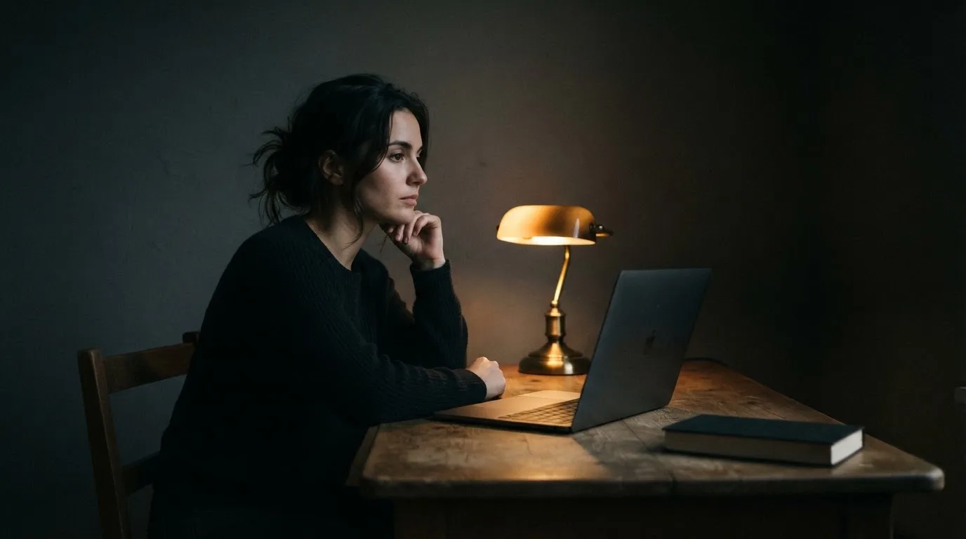 Een persoon zit alleen aan een bureau en kijkt peinzend naar een laptop met het scherm uit, in gedimd licht.