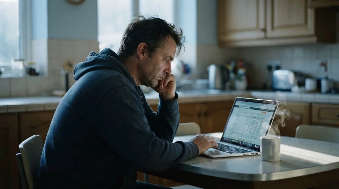 Een persoon zit alleen aan een keukentafel en kijkt peinzend naar een laptop, met een kop koffie ernaast in het vroege ochtendlicht.