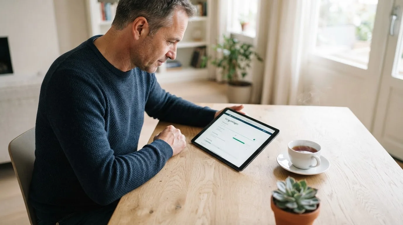 Een man zit aan een bureau in een lichte woonkamer en kijkt naar het scherm van een tablet die naast een kop thee ligt.