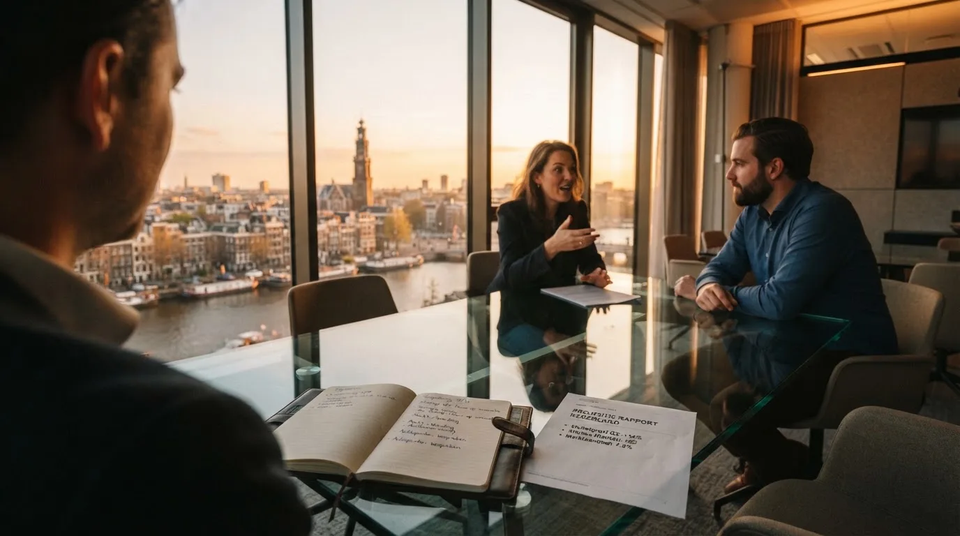 Een klein team overlegt rond een tafel in een glazen vergaderruimte met uitzicht op een stedelijke skyline bij zonsondergang.