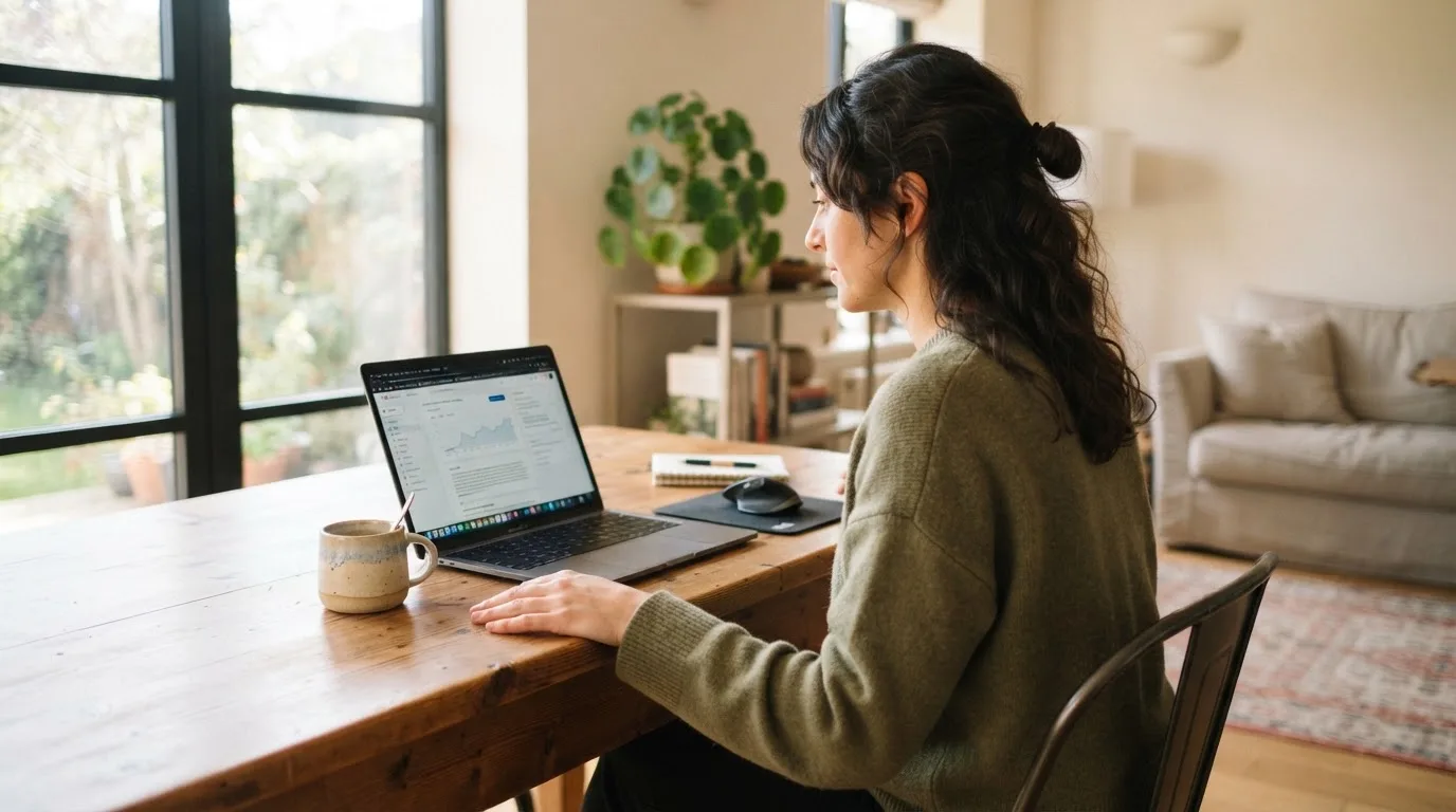 Een vrouw zit aan een houten bureau en bekijkt rustig het scherm van een laptop in een lichte woonkamer.