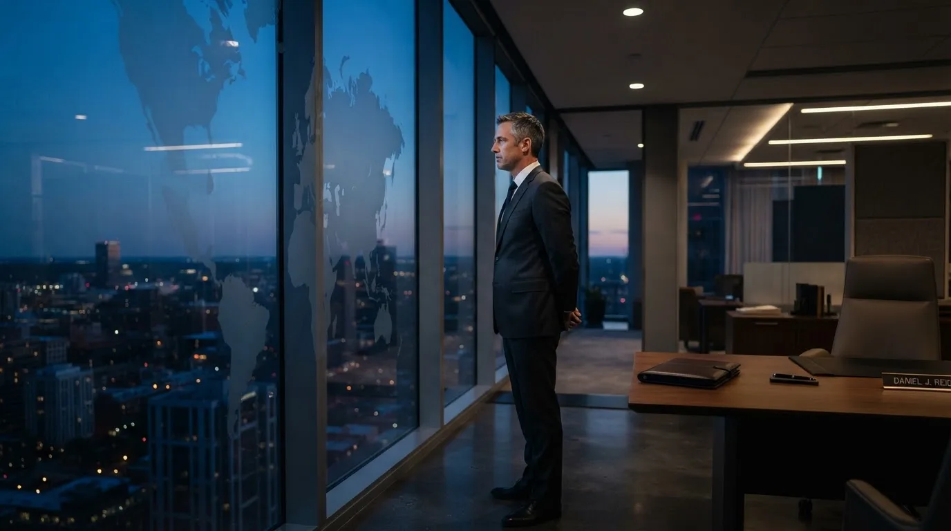 Een jurist in kostuum staat voor een grote glazen wand met een wereldkaart in een modern kantoor tijdens de avondschemering.