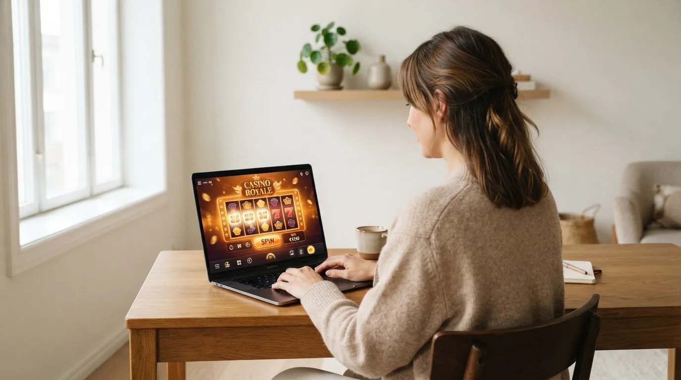 Een vrouw zit aan een houten bureau en bekijkt rustig het scherm van een laptop in een lichte woonkamer.