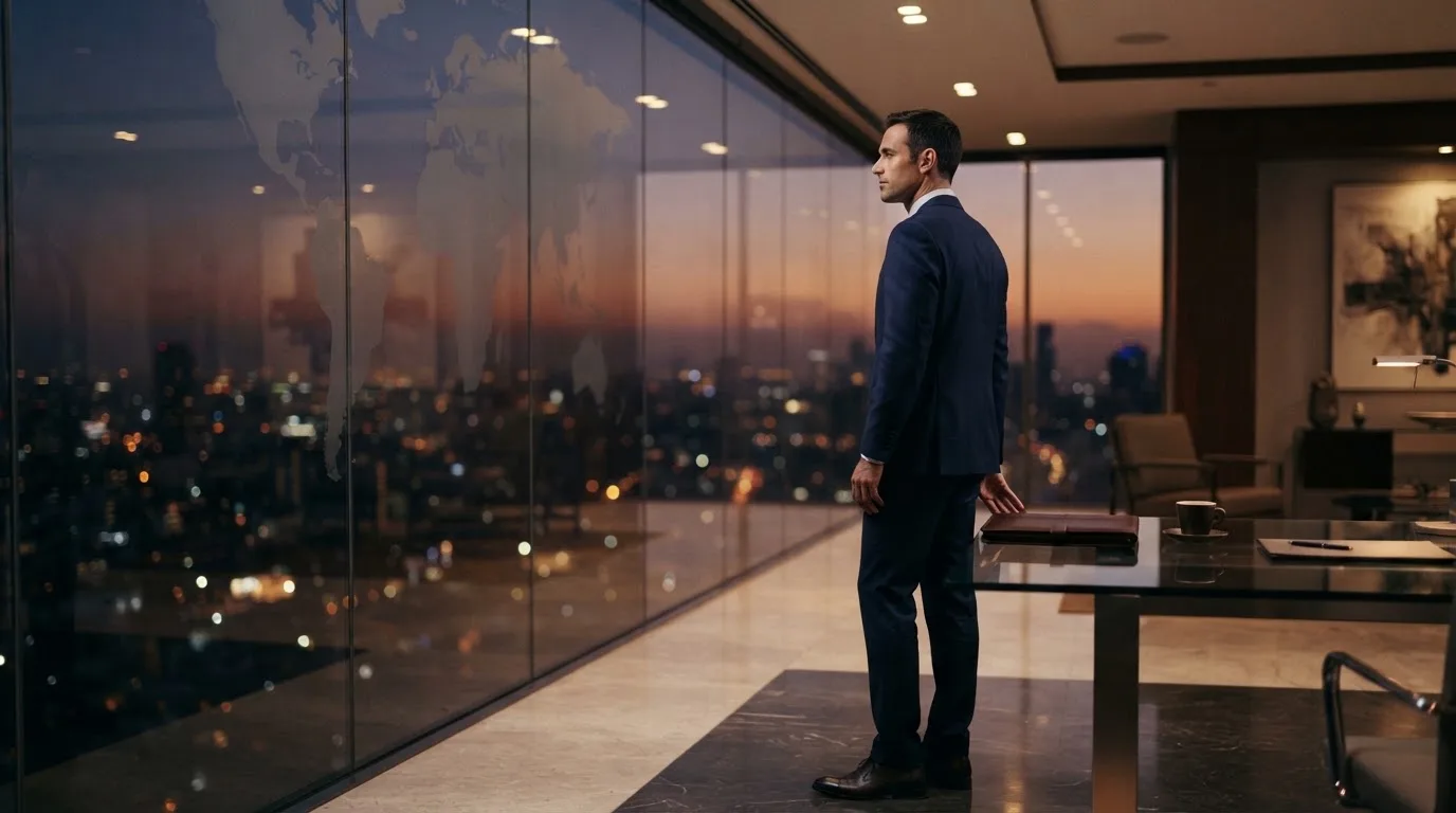 Een jurist in kostuum staat voor een grote glazen wand met een wereldkaart in een modern kantoor tijdens de avondschemering.