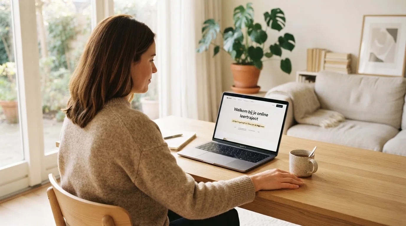 Een vrouw zit aan een houten bureau en bekijkt rustig het scherm van een laptop in een lichte woonkamer.