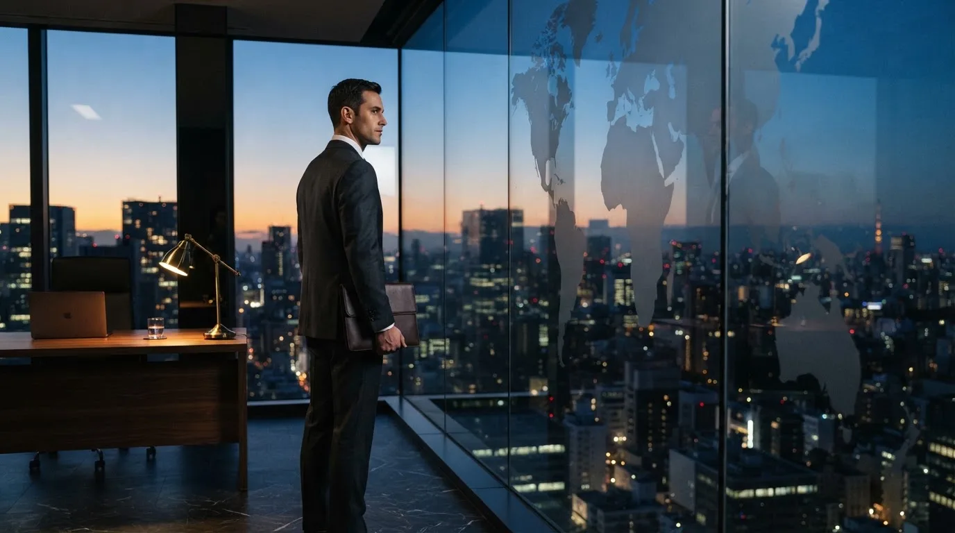 Een jurist in kostuum staat voor een grote glazen wand met een wereldkaart in een modern kantoor tijdens de avondschemering.