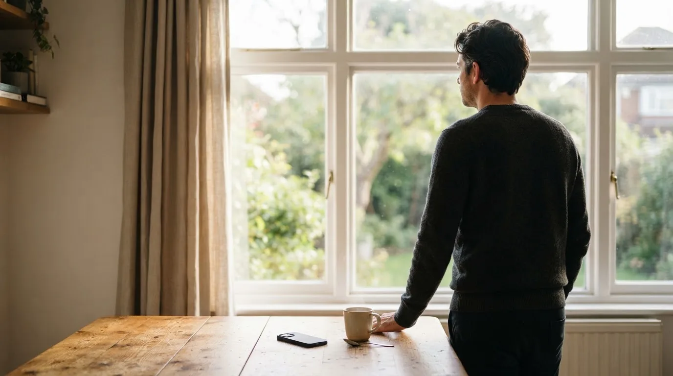 Een man legt zijn telefoon rustig weg en kijkt uit het raam met een kop koffie op tafel.