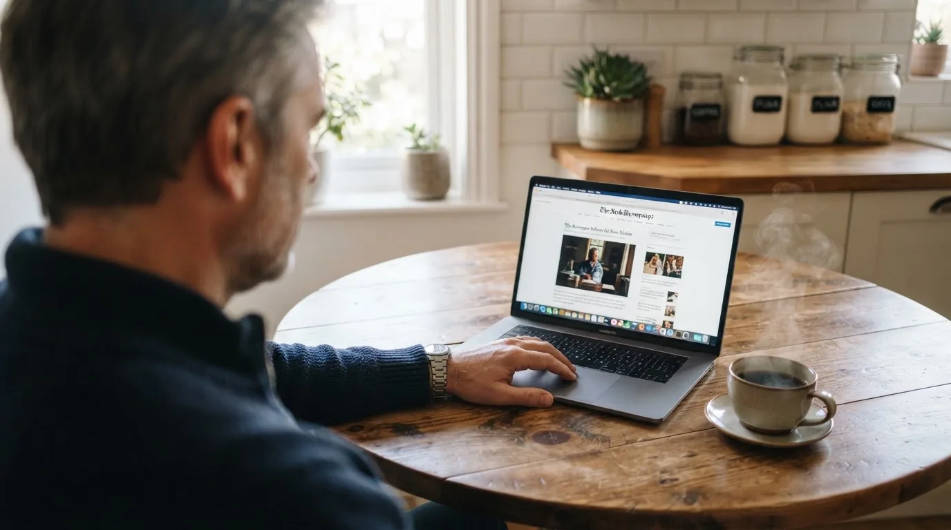 Een man zit thuis aan tafel met een kop koffie en bekijkt rustig zijn laptop.