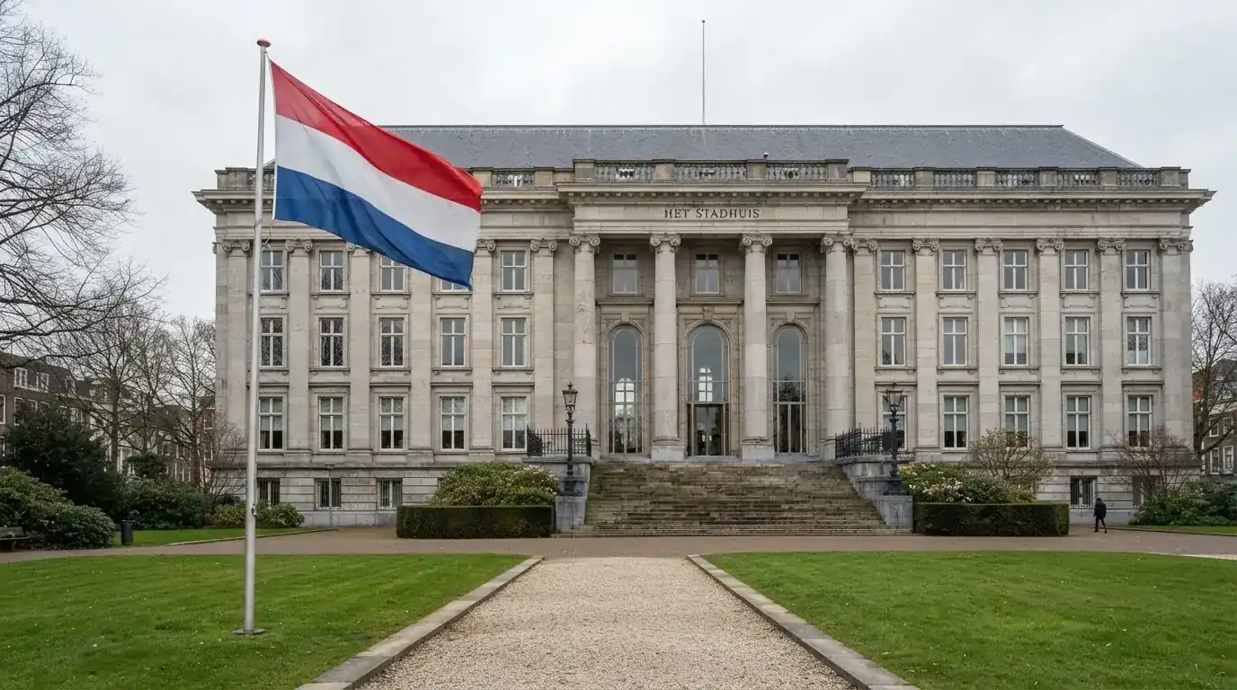 Een statig kantoorgebouw met een Nederlandse vlag ervoor onder een bewolkte hemel.