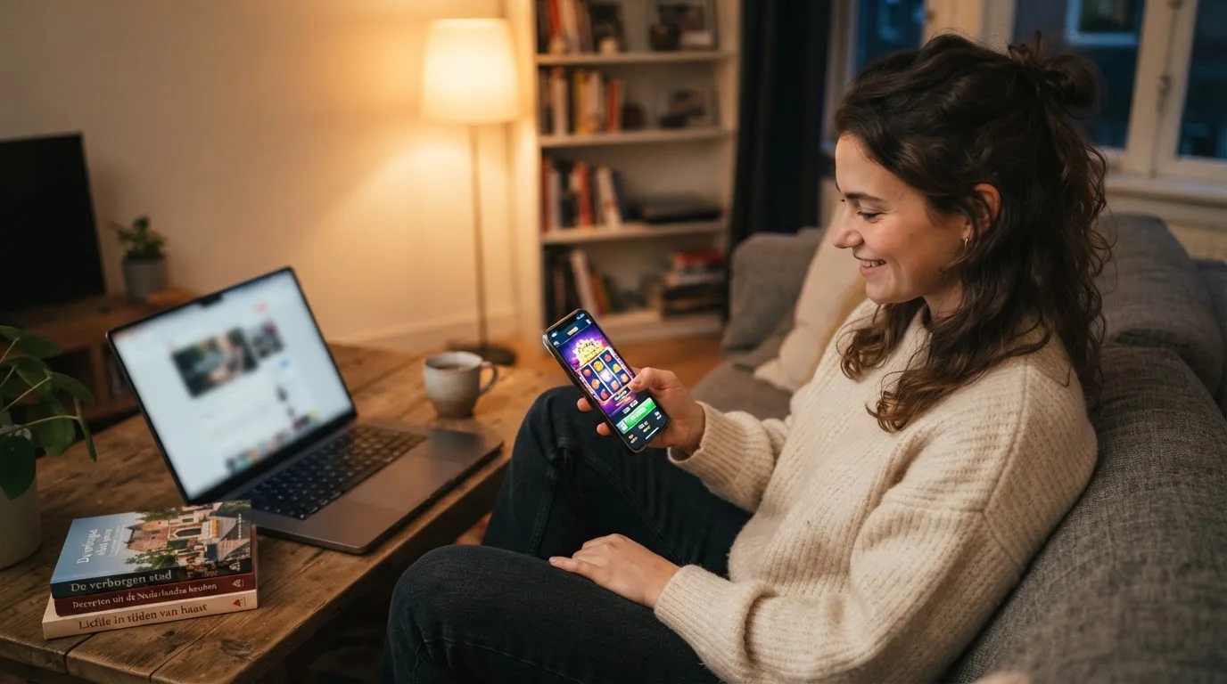 Een jonge vrouw zit ontspannen op de bank met een smartphone in haar hand, terwijl een laptop met onscherp scherm op de salontafel staat.