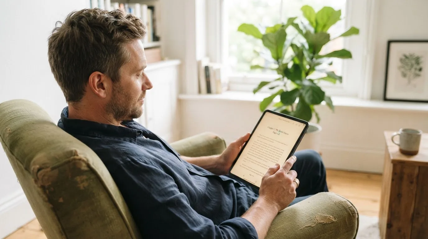 Een man leunt achterover op een stoel met een tablet op schoot, in een lichte woonkamer met planten op de achtergrond.
