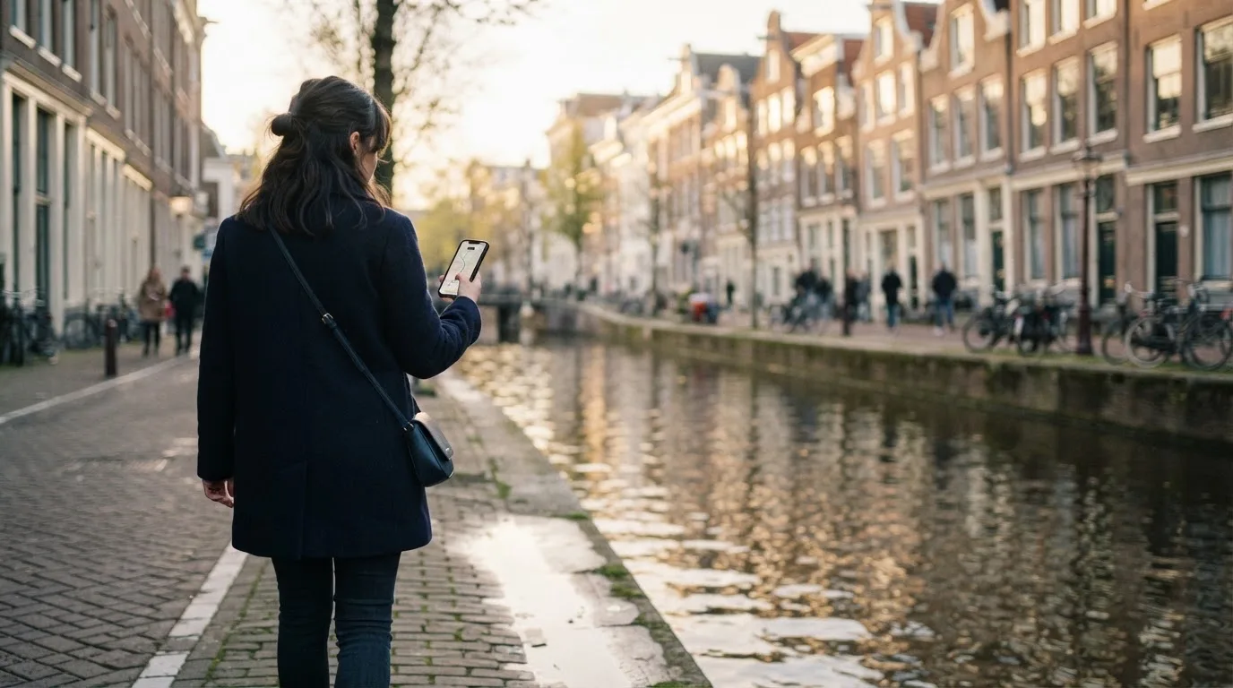 Een persoon loopt met een telefoon in de hand langs een grachtenpand in een Nederlandse stad, met wazige gevels op de achtergrond.