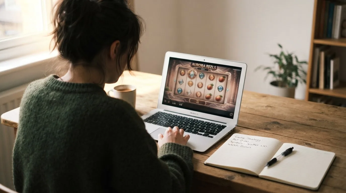 Een persoon zit aan een bureau thuis met een laptop en een notitieblok in daglicht.