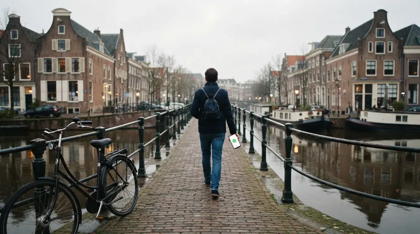 Een volwassene loopt over een brug in een Nederlandse stad met een telefoon in de hand.