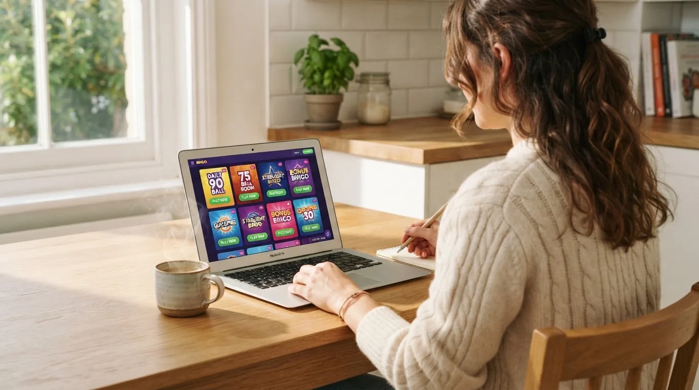 Een vrouw bekijkt rustig op haar laptop de opties voor online spelen aan de keukentafel, met een kopje koffie ernaast.