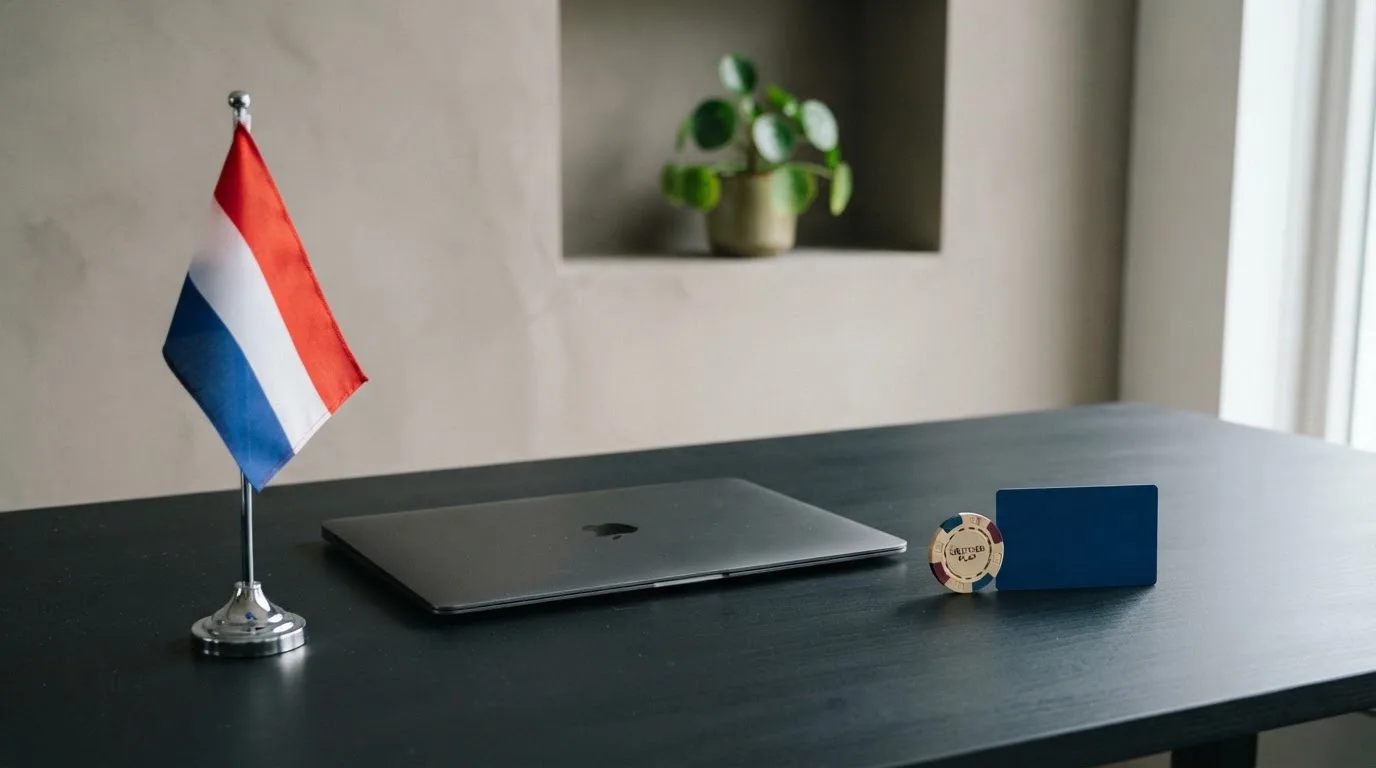 Een bureau met een Nederlandse vlag op een standaard naast een gesloten laptop, symbool voor regelgeving en toezicht op kansspelen.