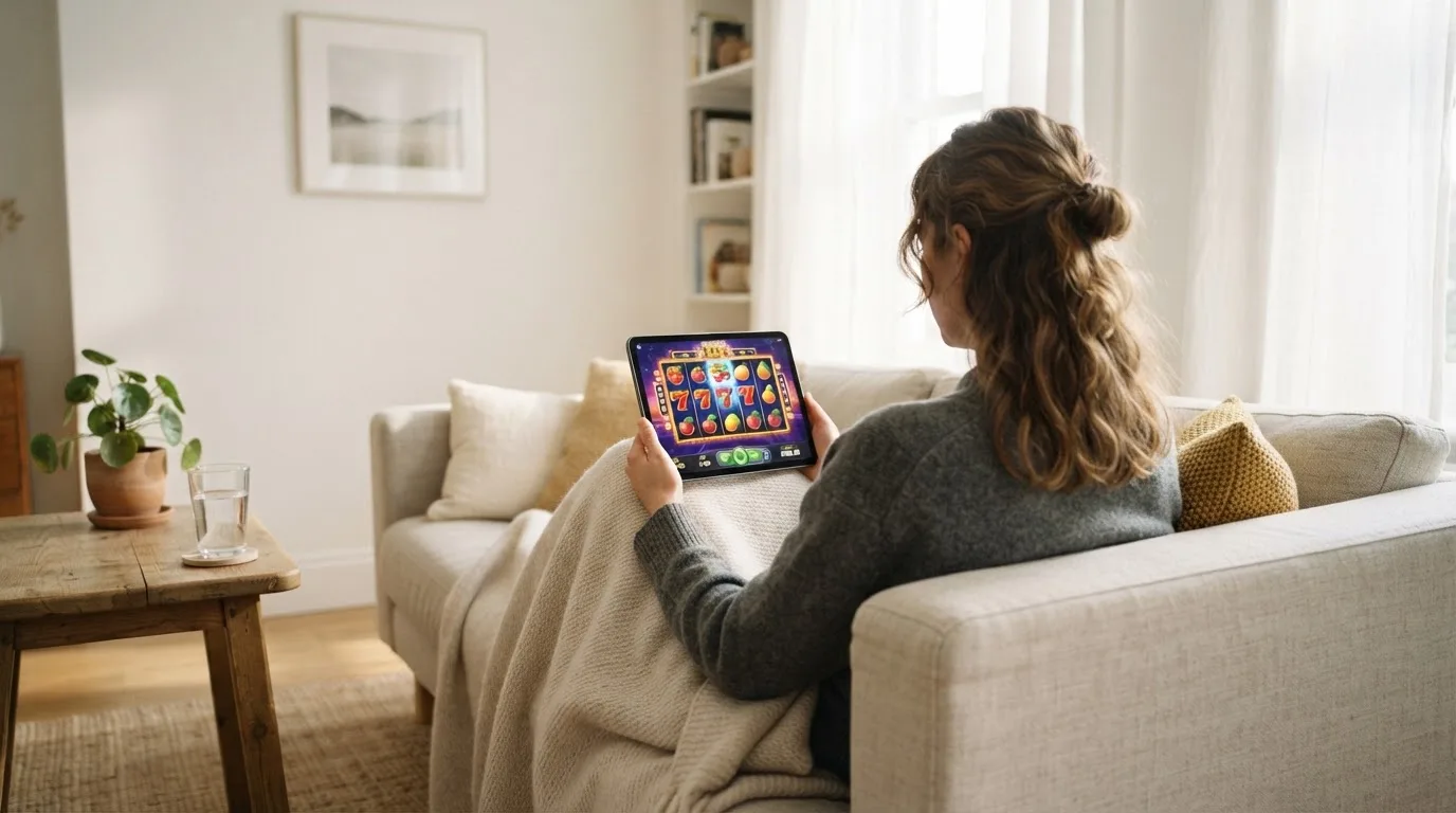 Iemand bekijkt ontspannen een tablet op de bank in een lichte woonkamer, met een plaid over de knieën.