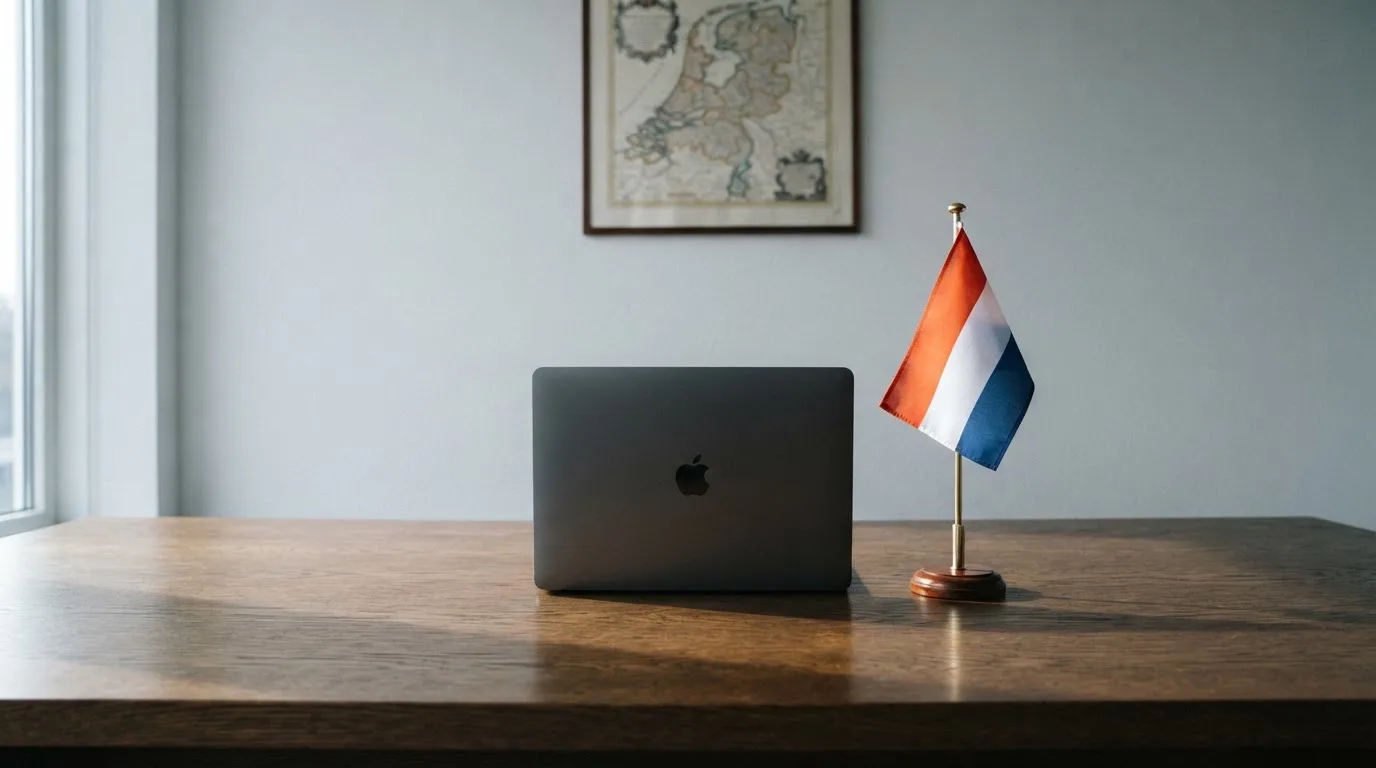 Een kantoorbureau met een Nederlandse vlag op een voetstuk naast een dichte laptop.