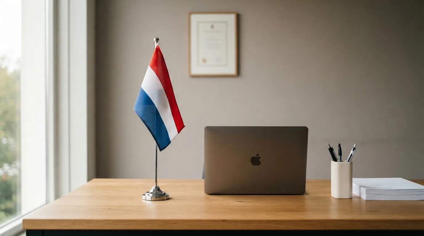 Een kantoorbureau met een Nederlandse vlag op een voetstuk naast een gesloten laptop.