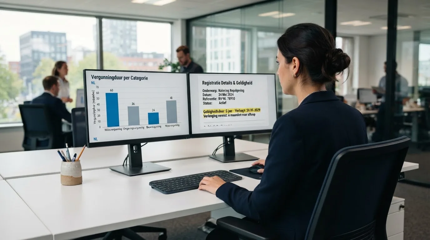 Een medewerker van een toezichthoudende instantie werkt achter een bureau met meerdere monitoren in een professioneel kantoor.