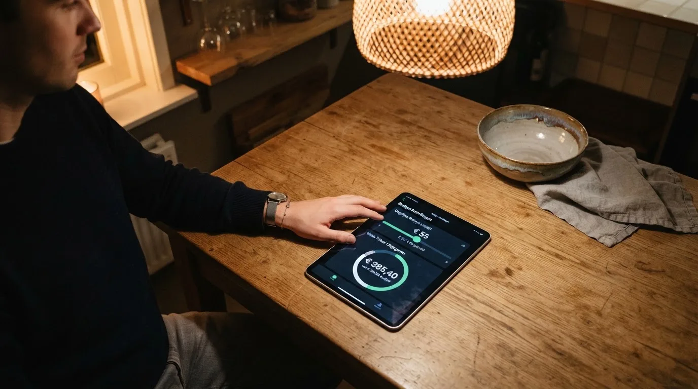 Een persoon bekijkt rustig instellingen voor speellimieten op een tablet aan een keukentafel in de avond.