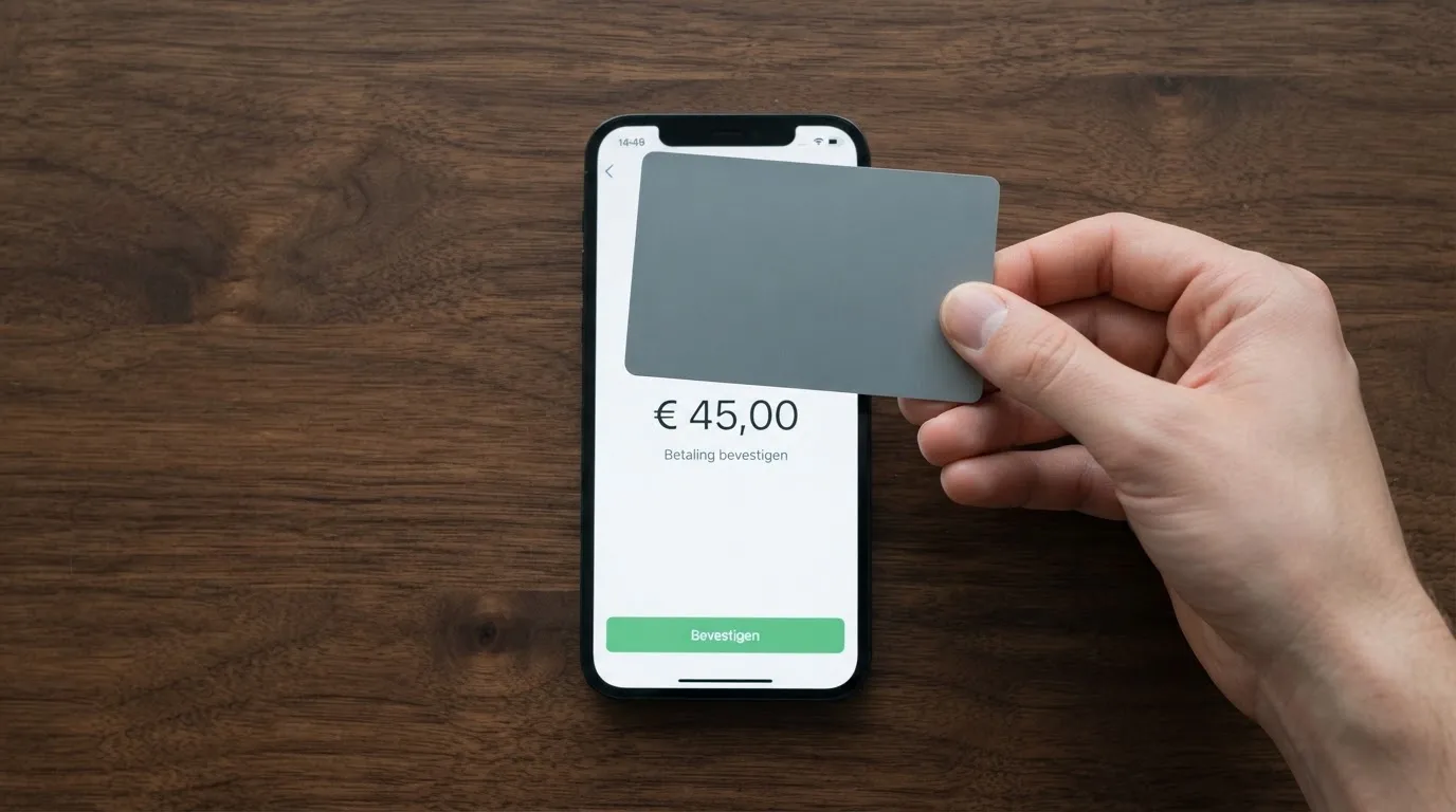 Een hand houdt een betaalpas vast boven een smartphone met een contactloze betaling in beeld.