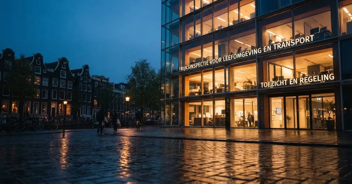 Een verlicht kantoorpand 's avonds gefotografeerd vanaf een rustige straat in een Nederlandse stad.